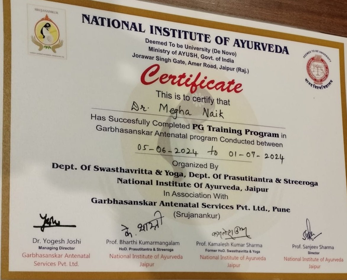 PG Training Program certificate from the National Institute of Ayurveda, Ministry of AYUSH, Jaipur