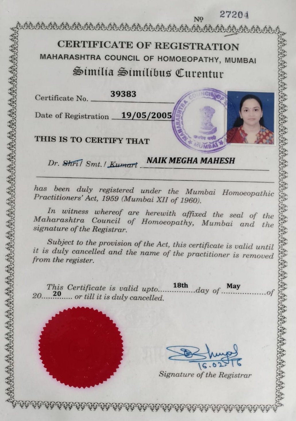Certificate of Registration from the Maharashtra Council of Homoeopathy, Mumbai