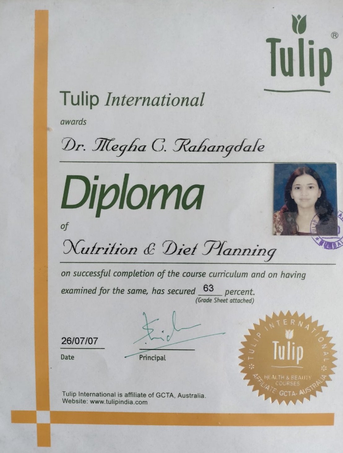 Diploma of Nutrition and Diet Planning from Tulip International