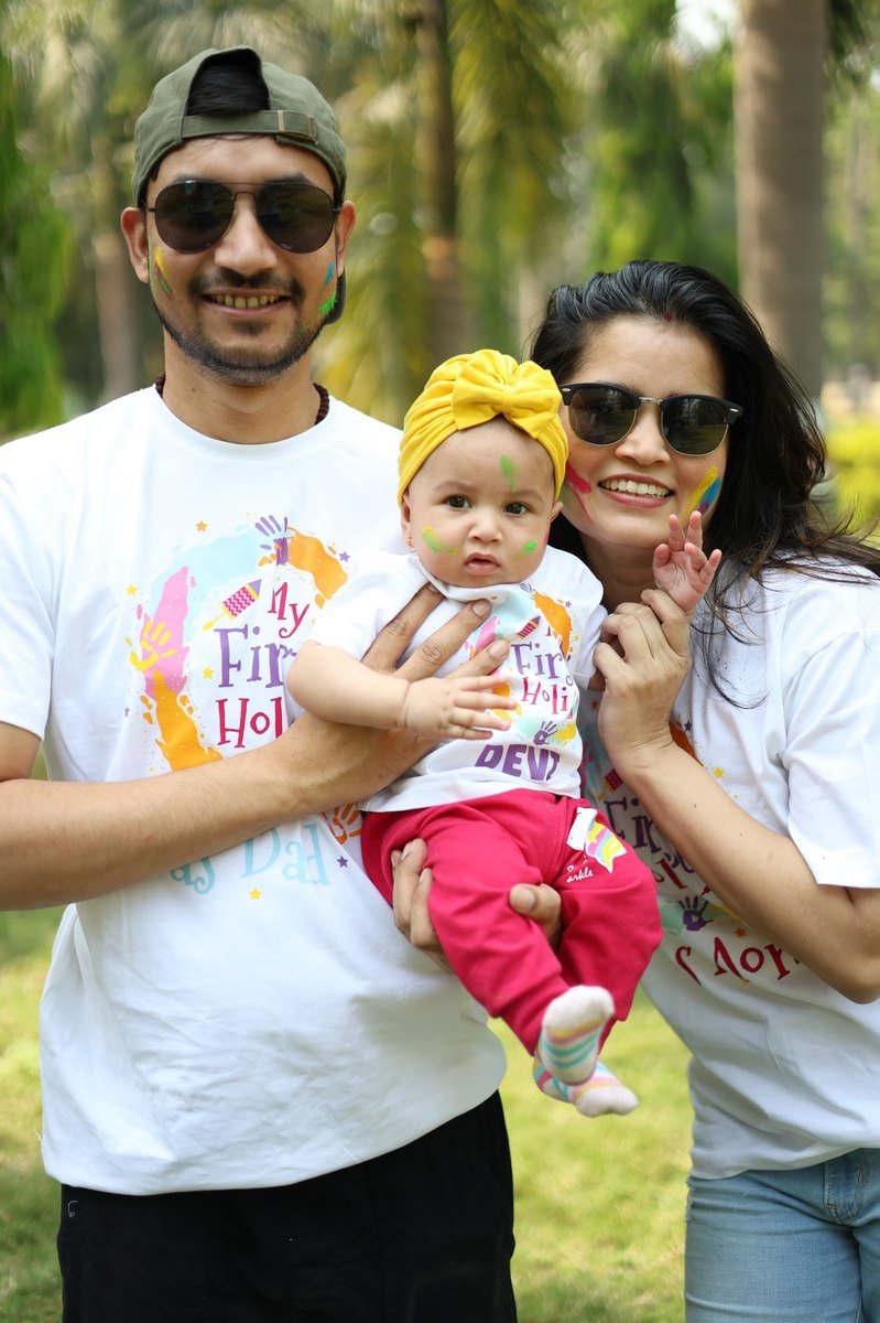Rohit, Neha and their daughter Devi at her first Holi, the family behind Devi Organic Foods