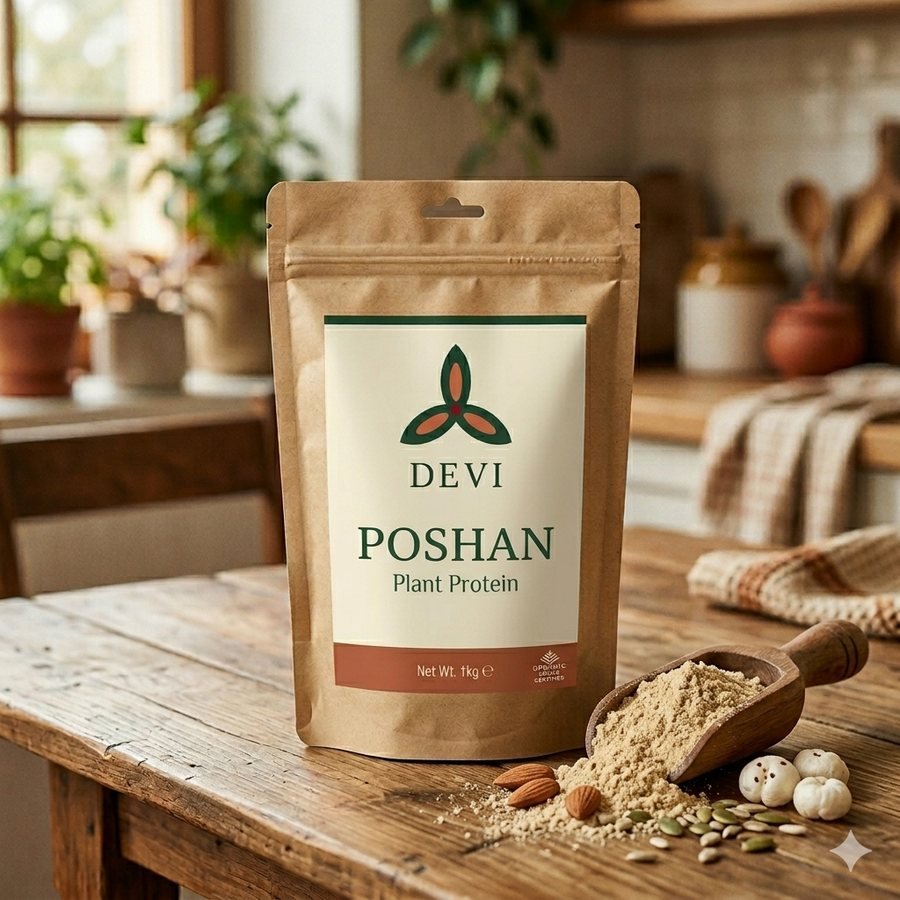 Poshan, hand-blended plant protein powder with seeds, nuts, sattu, makhana and Ayurvedic herbs