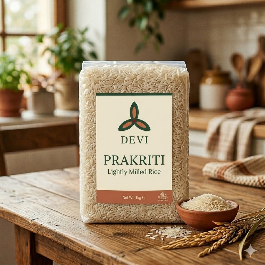 Prakriti, lightly milled Chinoor Basmati and Jai Sriram rice in airtight packaging